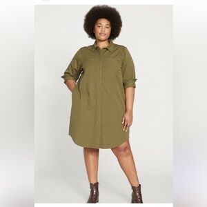 Universal Standard Carefree Long Sleeve Cotton Blend Twill Shirtdress green
